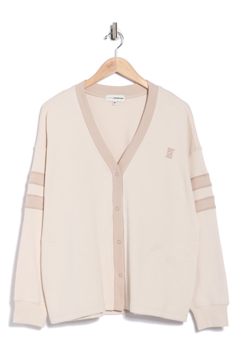 Oversized French Terry Varsity Cardigan, Alternate, color, CRYSTAL GRAY/ MUSHROOM