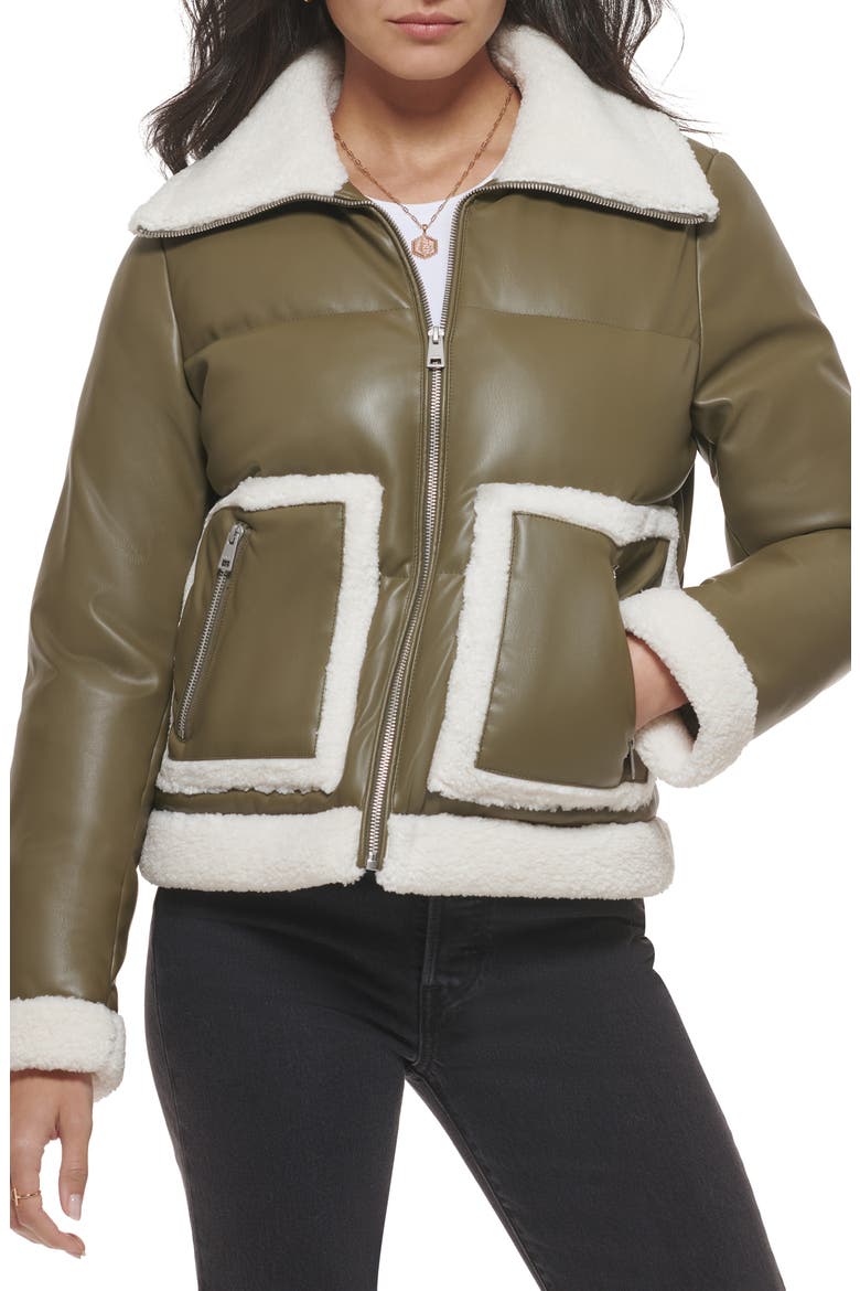 Faux Leather Puffer Jacket with Faux Shearling Trim, Main, color, OLIVE