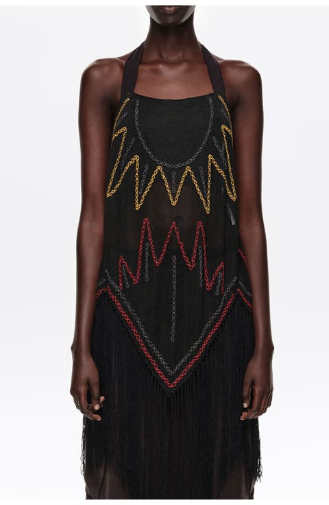 Embroidered Knit Halter Top with Fringing