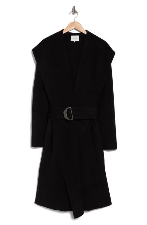 Drape Neck Hooded Wool & Cashmere Coat (Regular & Plus)