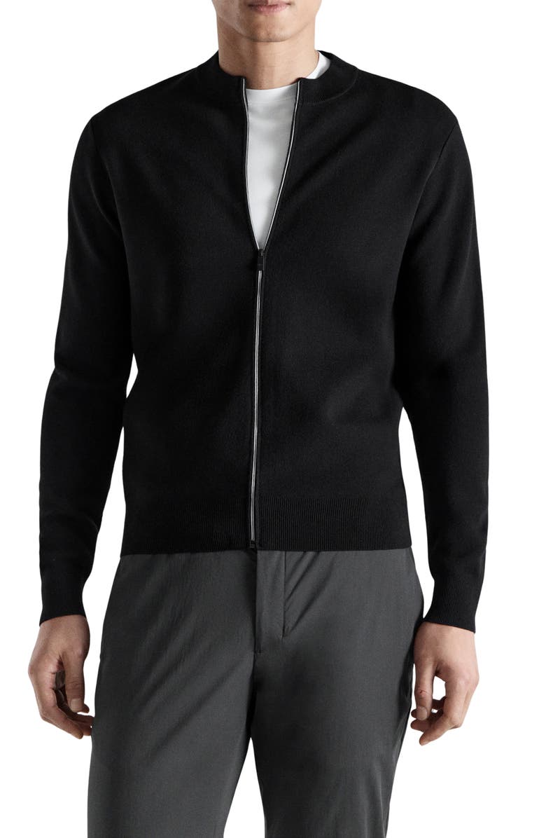 MANGO Comfort Stretch Crewneck Zip Cardigan, Main, color, Black