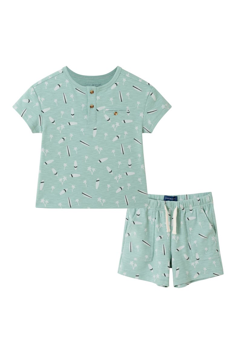 Kids' Surfboard Henley T-Shirt & Shorts Set, Main, color, GREEN