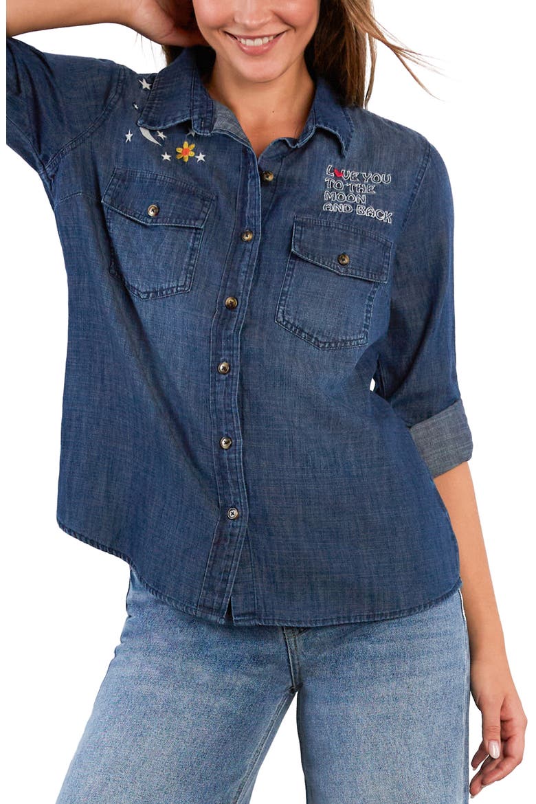To the Moon & Back Embroidered Denim Graphic Button-Up Shirt, Alternate, color, DUSK DENIM