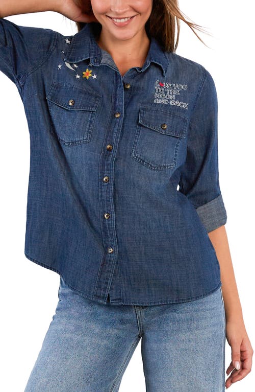Billy T To The Moon & Back Embroidered Denim Graphic Button-up Shirt In Blue