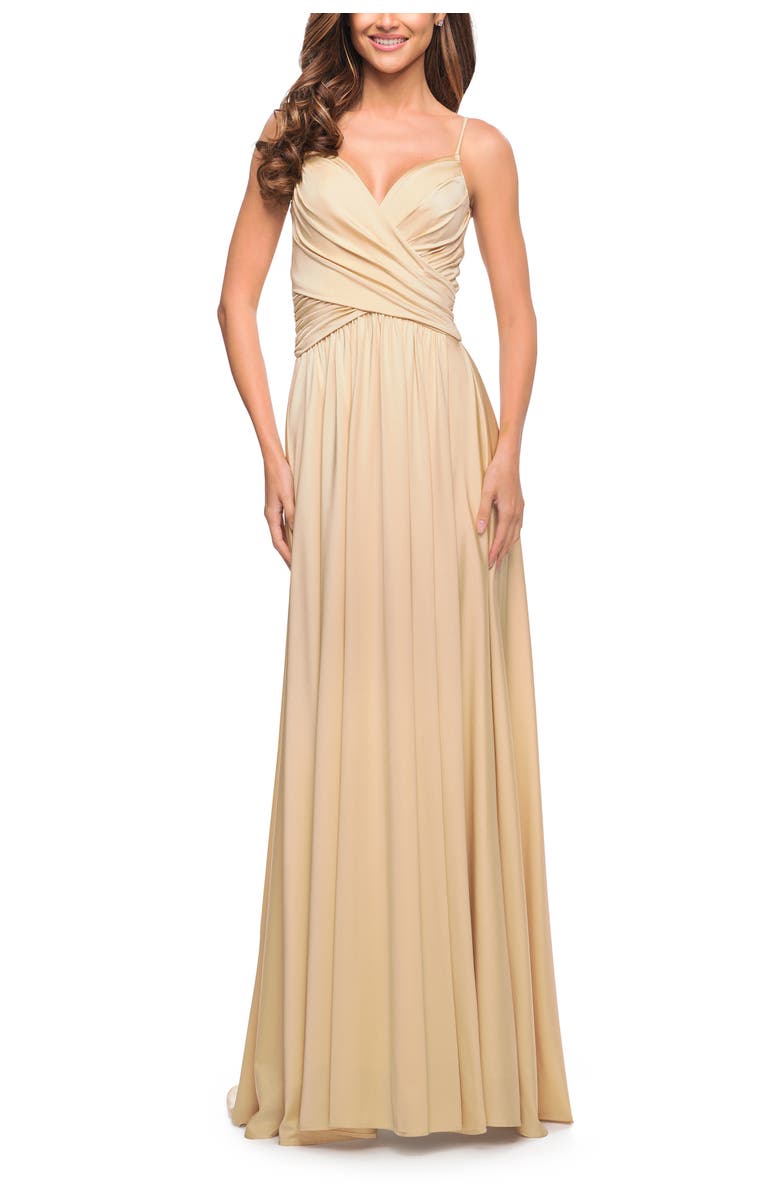 La Femme Elegant Criss-Cross Ruched Bodice Jersey Dress, Alternate, color, Light Gold