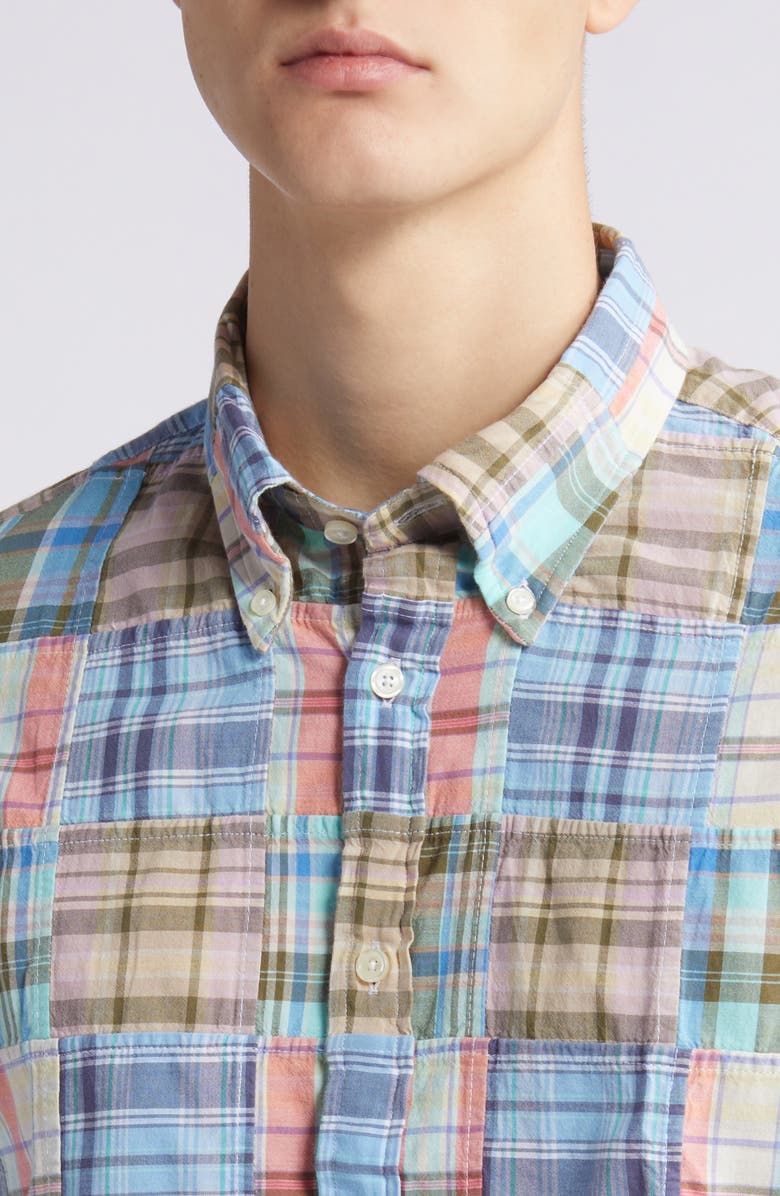 Brooks Brothers Regular Fit Plaid Patchwork Short Sleeve Cotton Madras Button-Down Shirt, Alternate, color, 