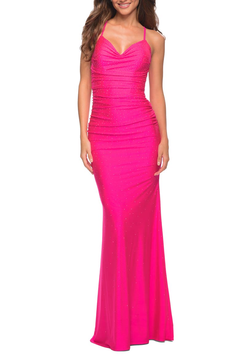 Sparkle Rhinestone Long Jersey Prom Dress in Neon Pink, Main, color, Neon Pink