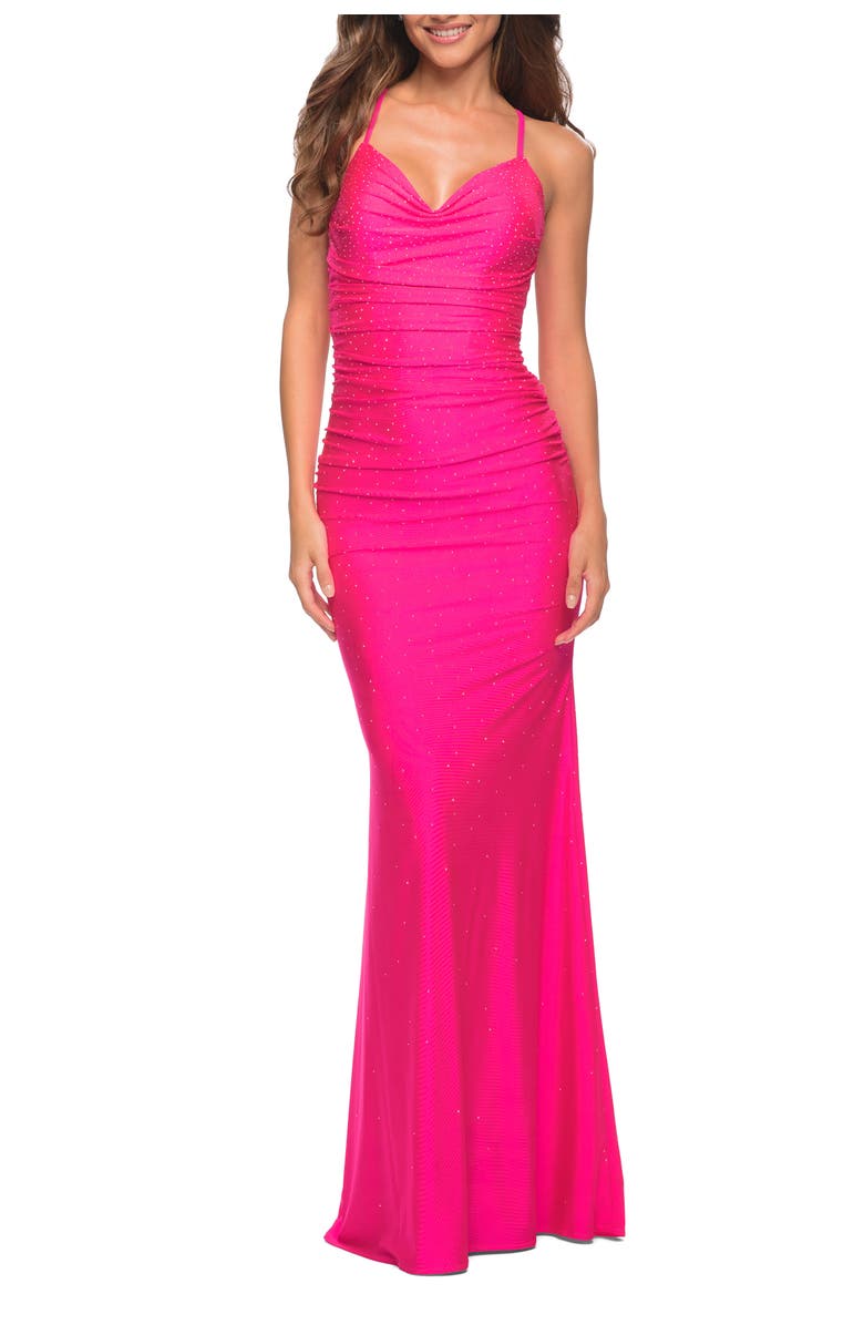 La Femme Sparkle Rhinestone Long Jersey Prom Dress in Neon Pink, Main, color, Neon Pink
