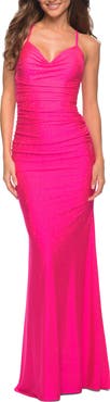 La Femme Sparkle Rhinestone Long Jersey Prom Dress in Neon Pink