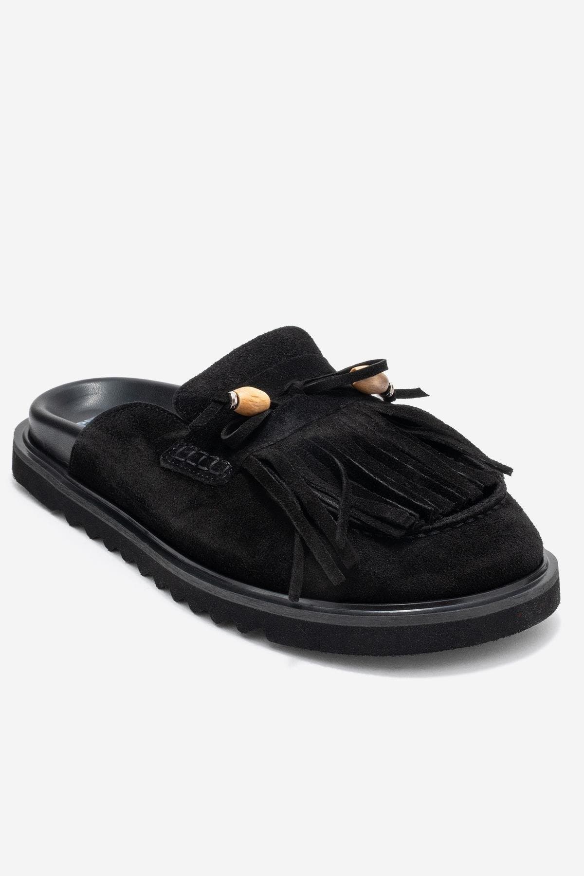 Forever & Always Shoes Carol Tassel Leather Mule, Alternate, color, Black Suede Leather