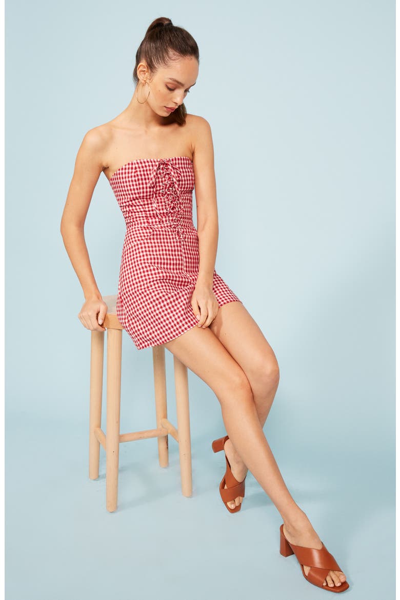 Sid Strapless Linen Minidress, Alternate, color, MAY CHECK