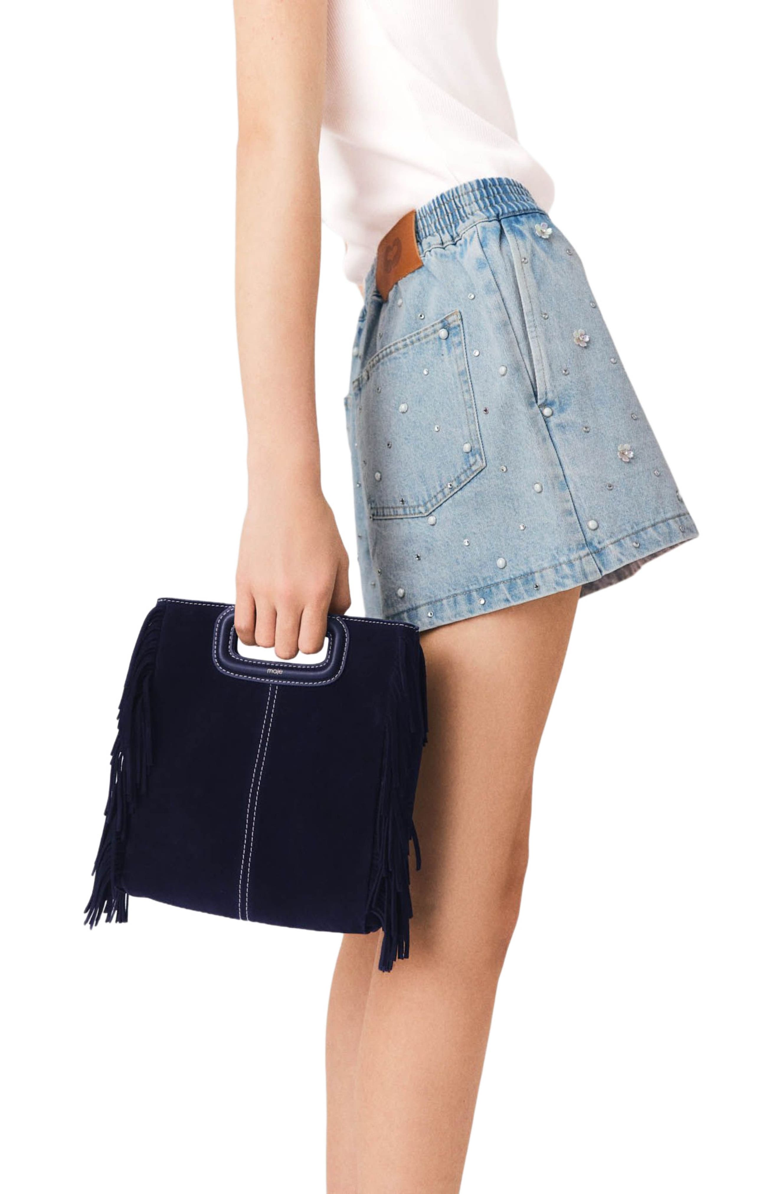 Topstitched suede M bag, Alternate, color, Marine blue
