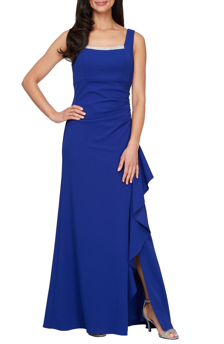 Alex Evenings Bead Detail Stretch Crepe Gown with Bolero Jacket, Alternate, color, Royal