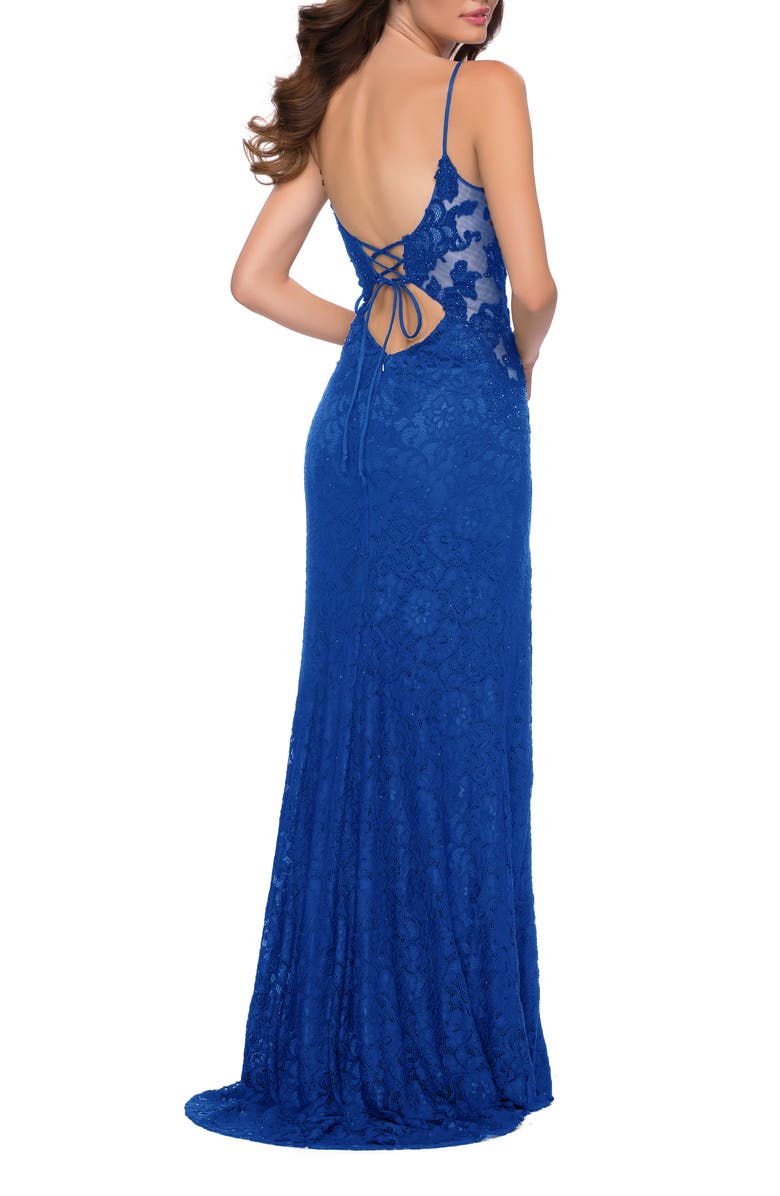 La Femme Sleek Lace Long Dress with Sheer Sides and Open Back, Alternate, color, Royal Blue