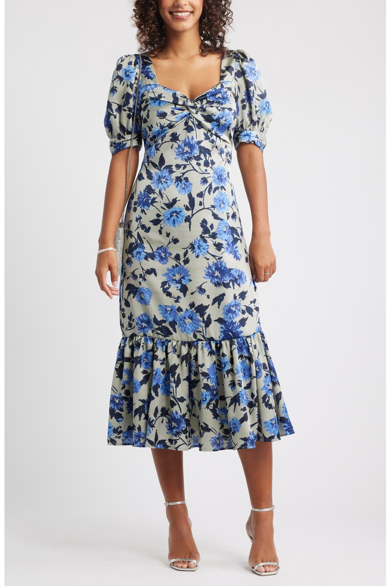 Twist Front Puff Sleeve Satin Midi Dress, Main, color, GREY- BLUE DAHLIA FLORAL