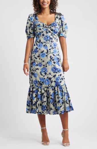 Chelsea28 Twist Front Puff Sleeve Satin Midi Dress