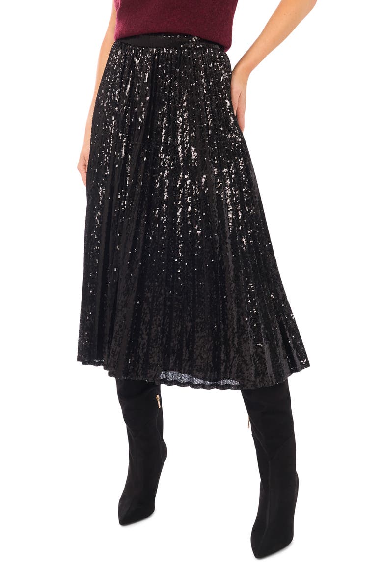 Sequin Pleated Midi Skirt, Main, color, RICH BLACK
