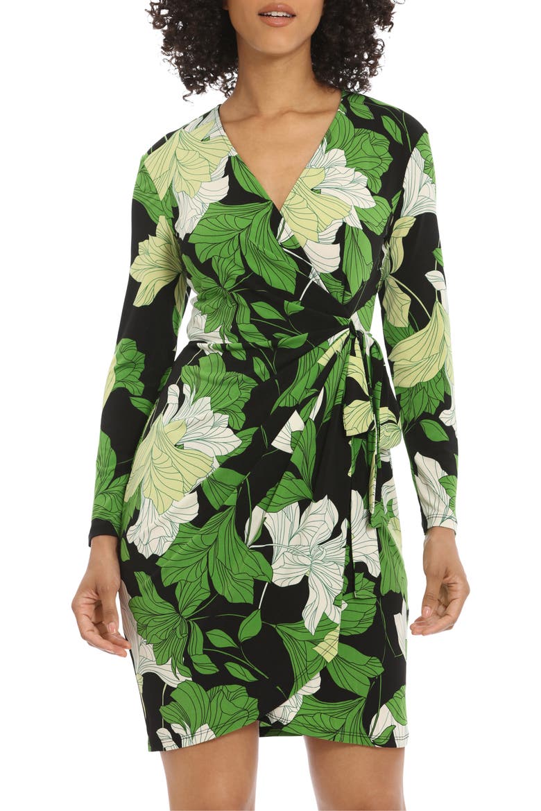 Floral Long Sleeve Faux Wrap Dress, Alternate, color, BLACK/ GREEN APPLE