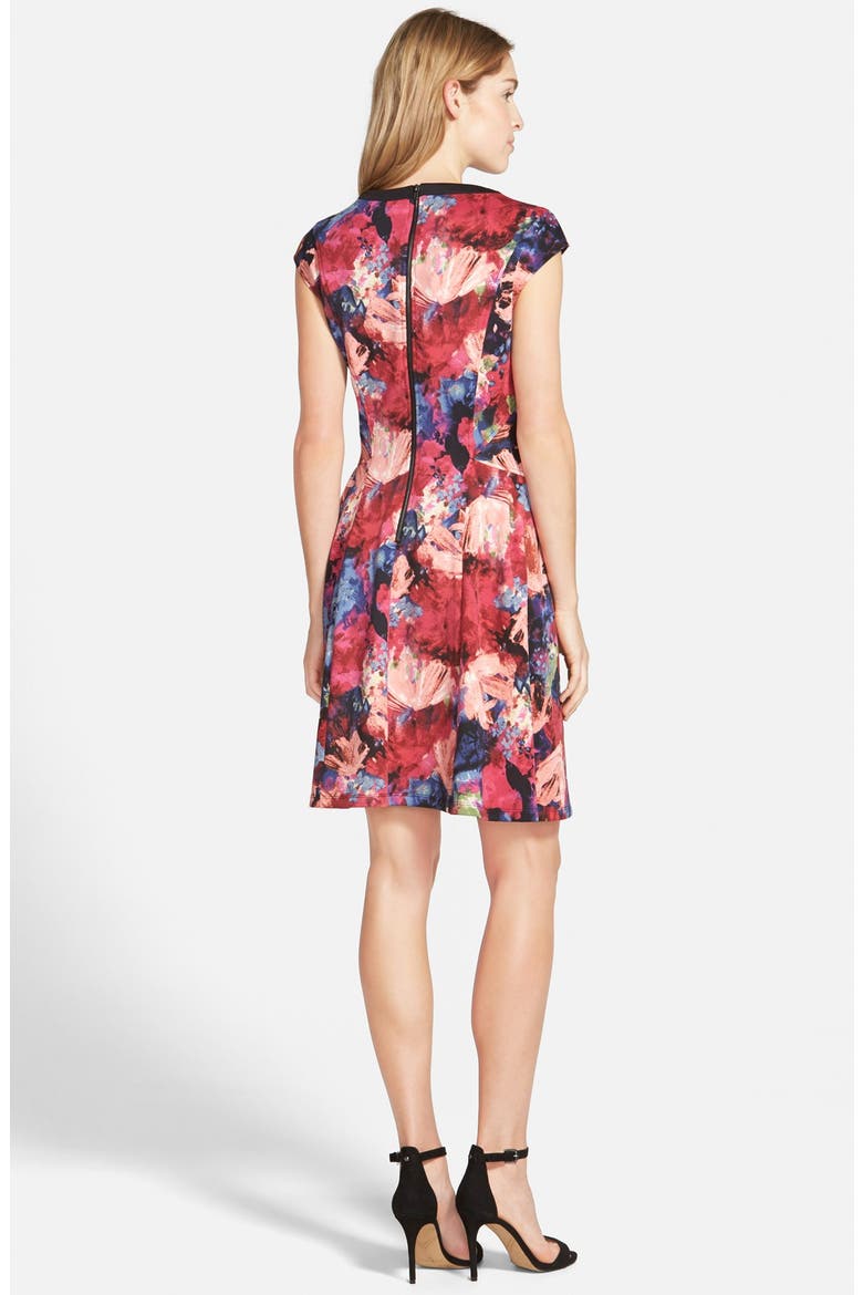 Floral Print Scuba Fit & Flare Dress, Main, color, BLACK/ POPPY