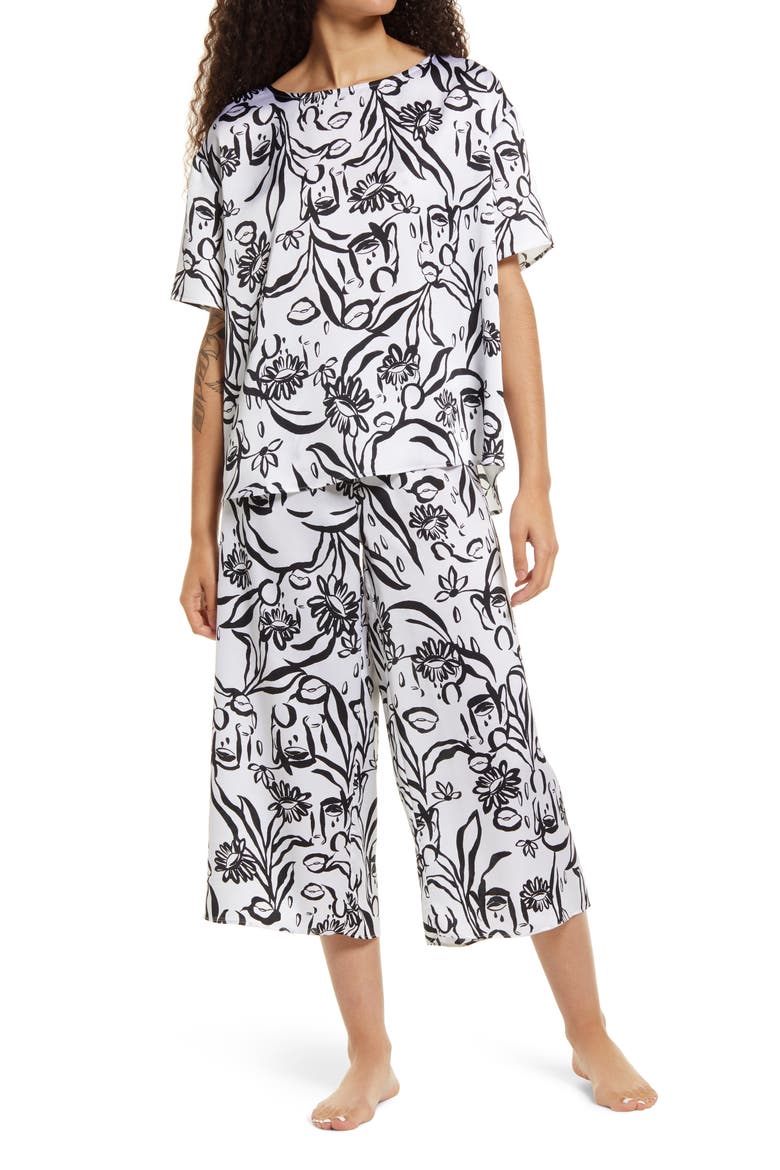Cristina Martinez Satin Crop Pajamas, Main, color, BLOOMING FACES INVERT