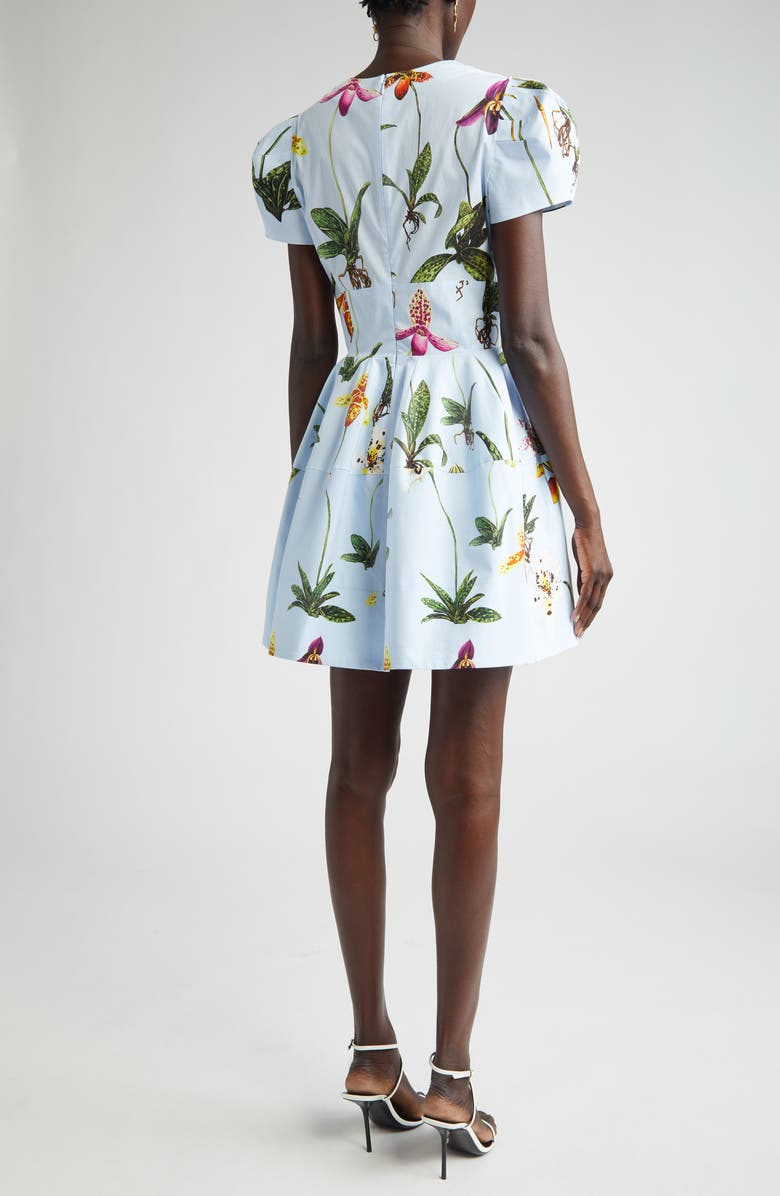 Oscar de la Renta Orchid Print Puff Short Sleeve Dress, Alternate, color,