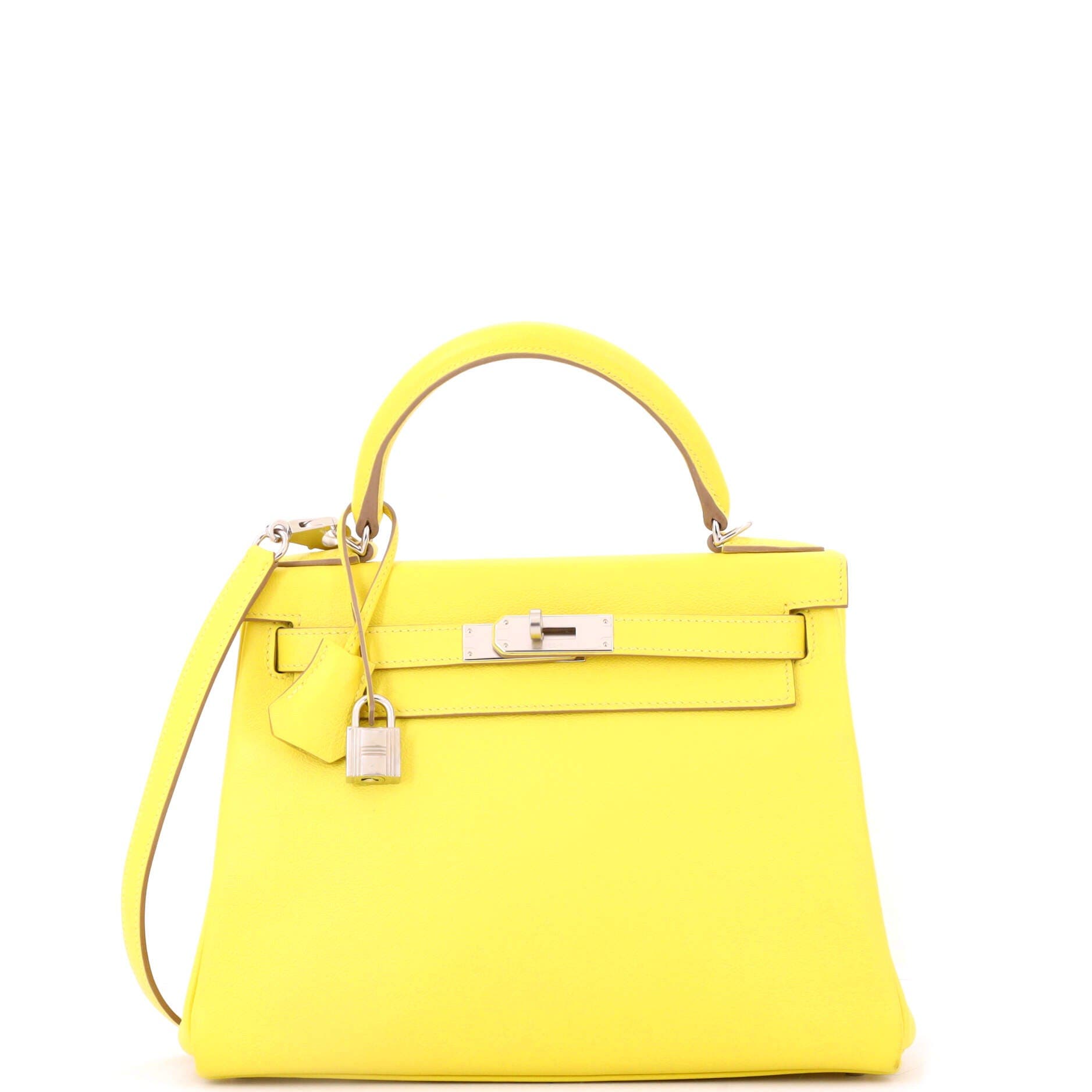 Pre-Owned Hermes Kelly Handbag Yellow Evercolor with Palladium Hardware 28, Main, color, 