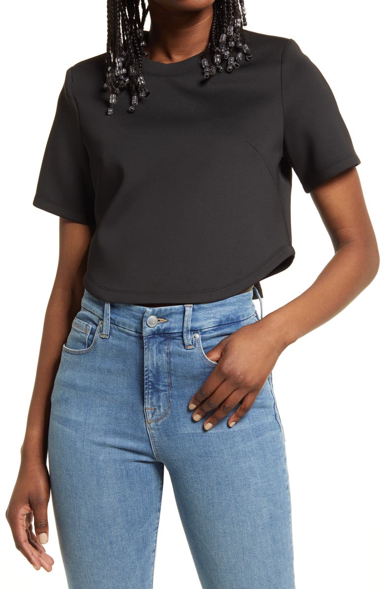 Good American Strong Shoulder Scuba Crepe Crop T-Shirt, Main, color,