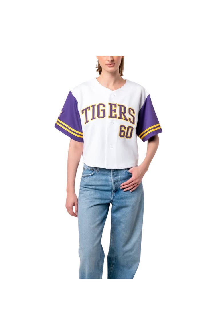 Women's Established & Co. White LSU Tigers Baseball Jersey Cropped T-Shirt, Alternate, color, White