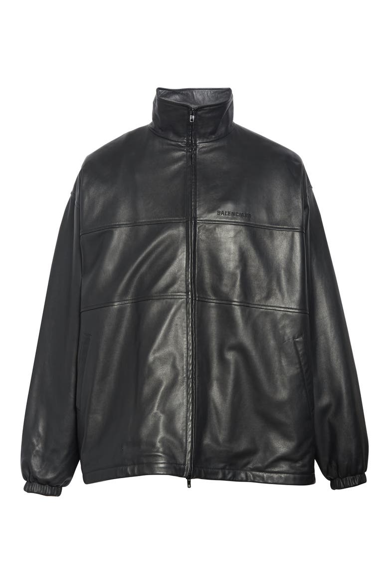 Oversize Lambskin Leather Track Jacket, Alternate, color, BLACK