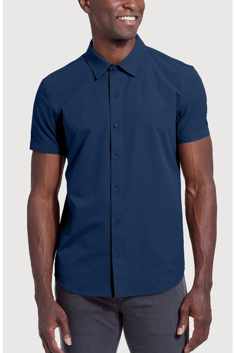 Commuter Slim Fit 4-Way Stretch Short Sleeve Button-Up Shirt, Main, color, NAVY