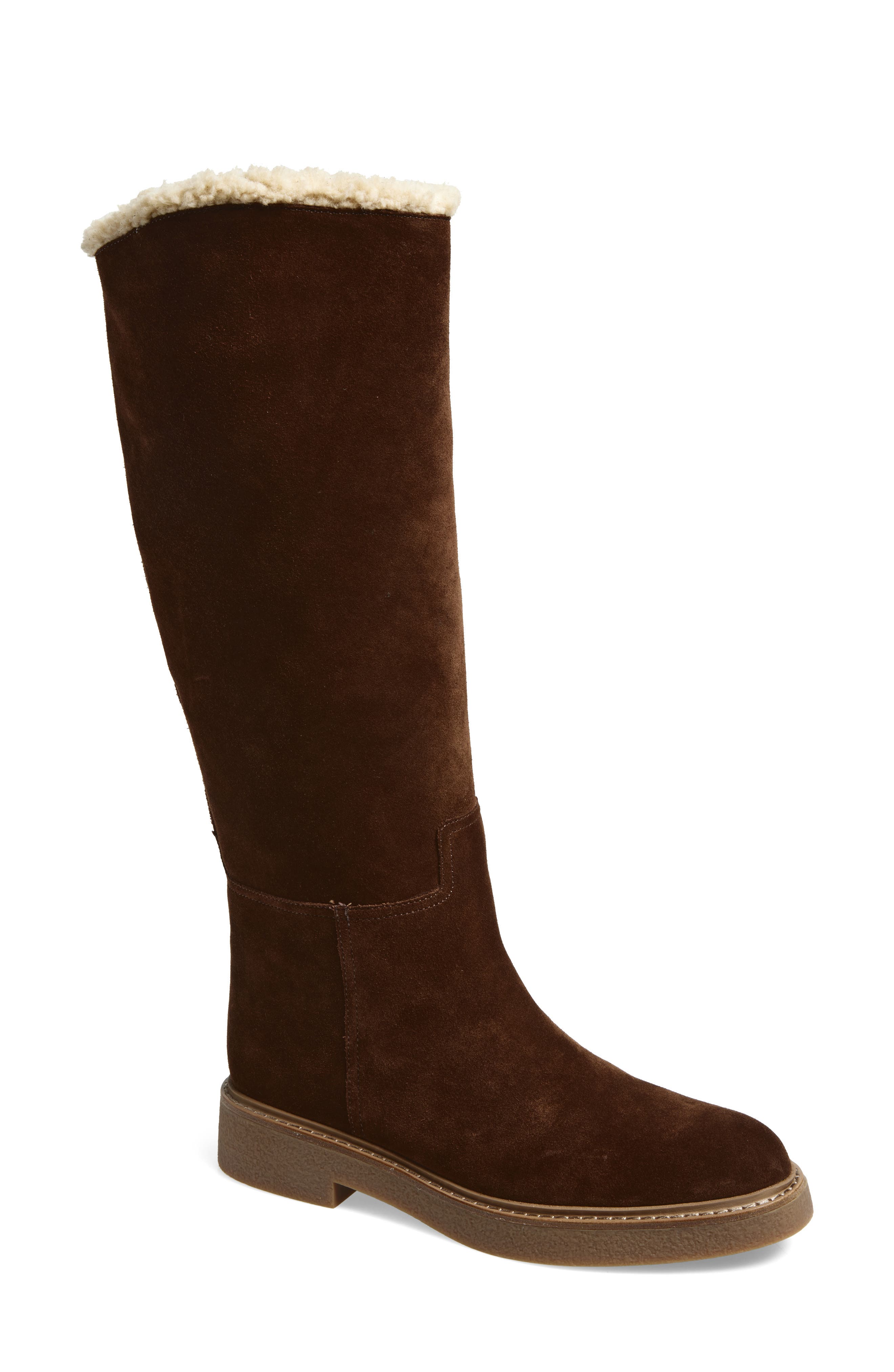 Jeffrey Campbell Zabini Faux Shearling Lined Knee High Boot, Main, color, Brown Suede Combo