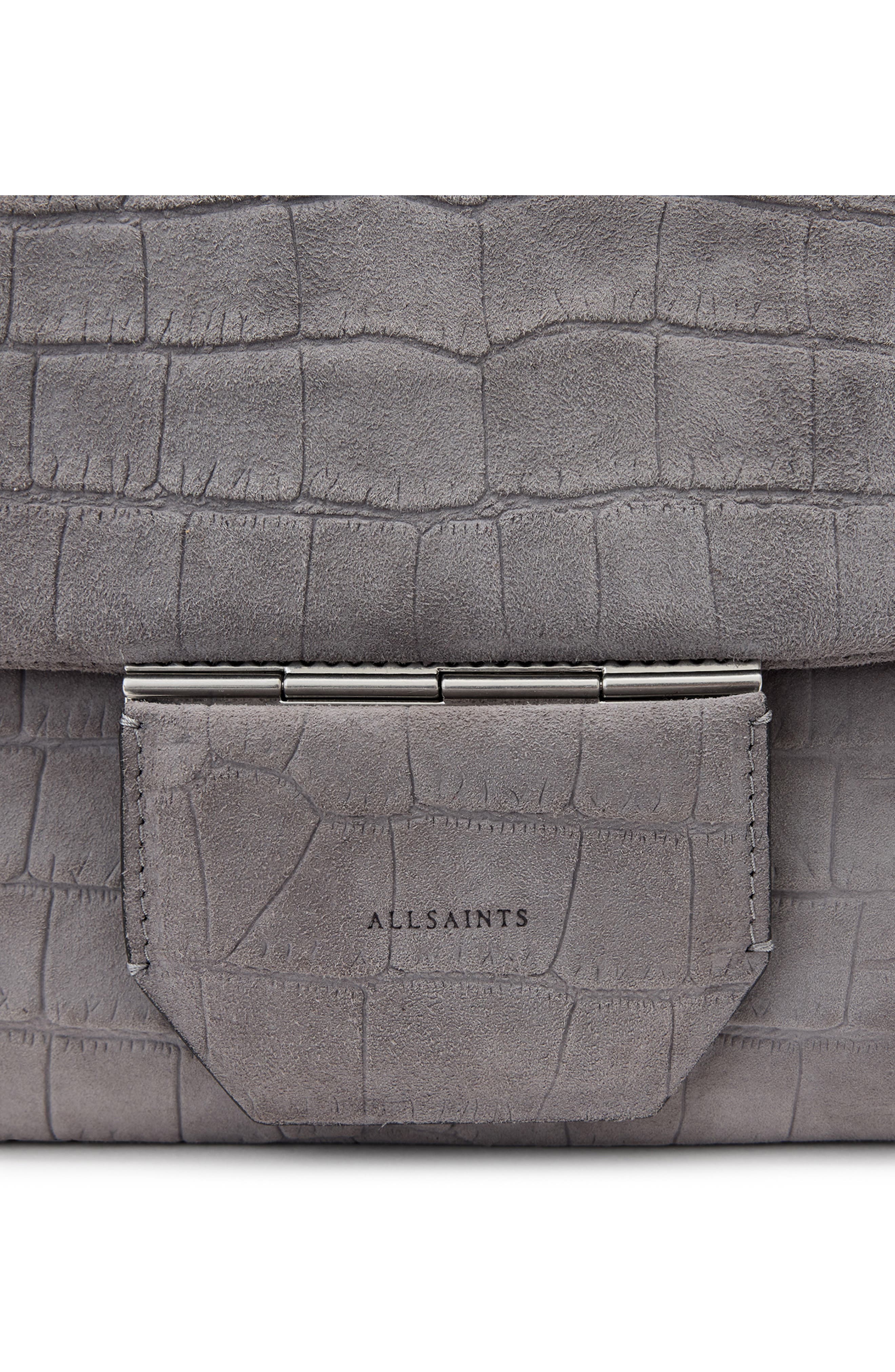 AllSaints Ondine Croc Embossed Suede Shoulder Bag, Alternate, color, Slate Blue