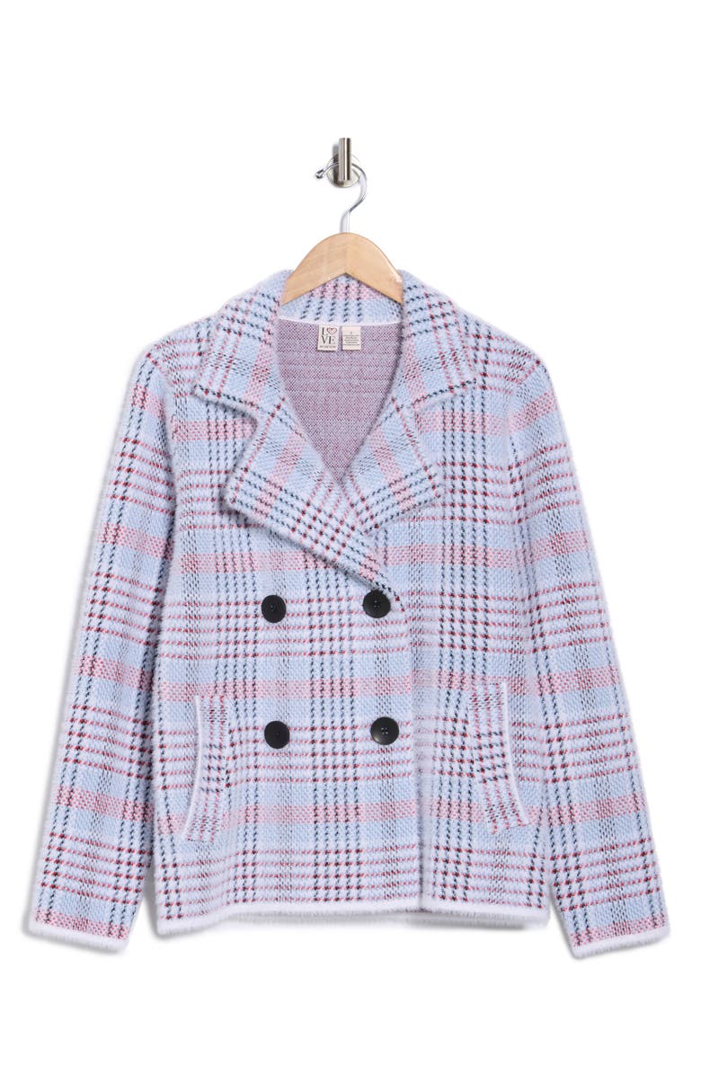 Love By Design Paige Plaid Double Breasted Sweater Coat, Alternate, color, Black/ White/ Red/ Blue