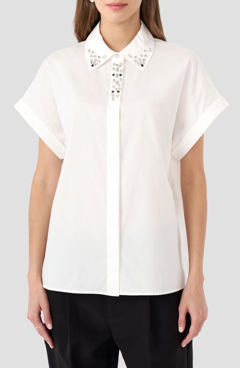 RM Rebecca Minkoff Crystal Dolman Button-Up Shirt, Main, color, White Solid