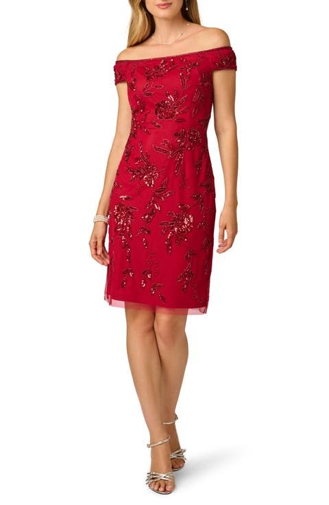 Off the Shoulder Beaded Cocktail Dress