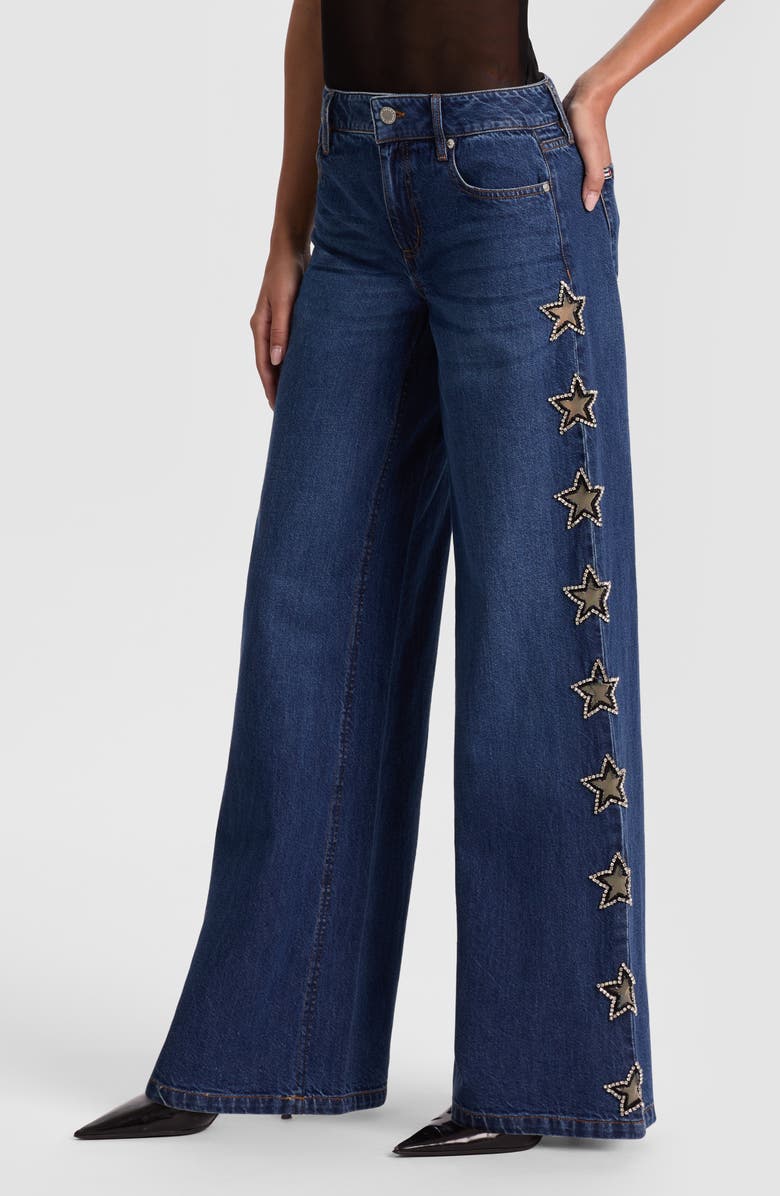 Alice + Olivia Amazing Embellished Star Cutout Wide Leg Jeans, Alternate, color, Dark Rinse
