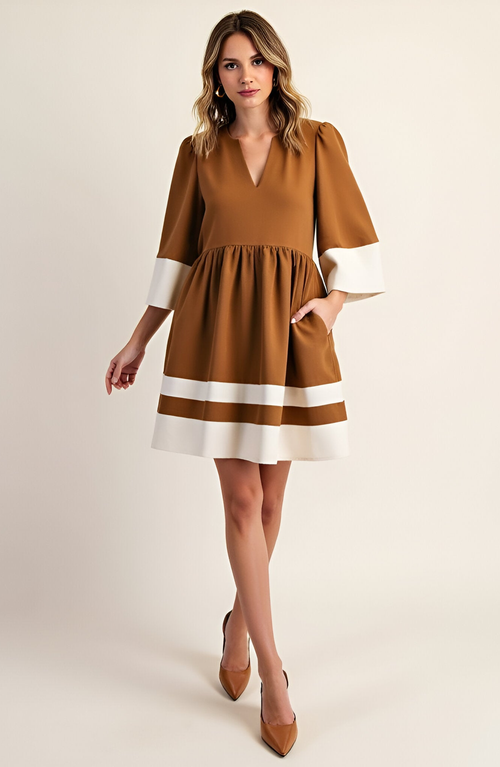 Modenaire Fit-and-flare Mini V-neck Cuffed-sleeve Contrast-trim Dress In Brown