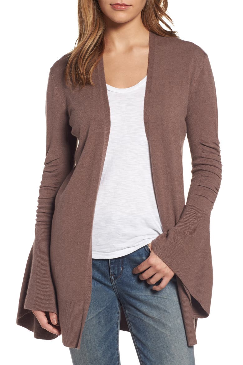 Ruched Bell Sleeve Cardigan, Main, color, BROWN TAUPE