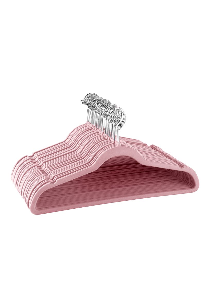 30 Piece Velvet Slim Profile Heavy Duty Felt Hangers with Stainless Steel Swivel Hooks, Main, color, Pink