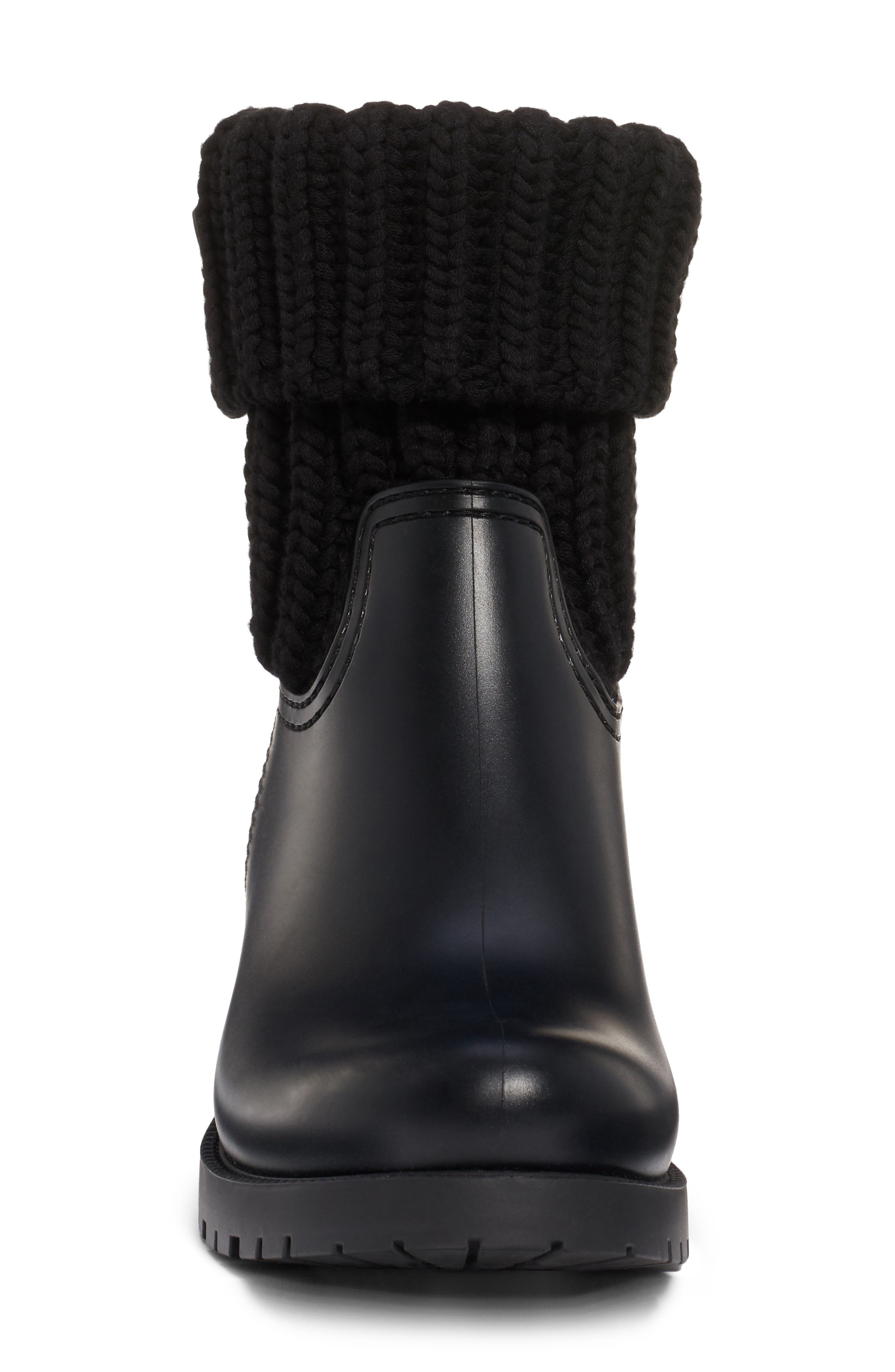 Ginette Knit Cuff Leather Rain Boot, Alternate, color, BLACK