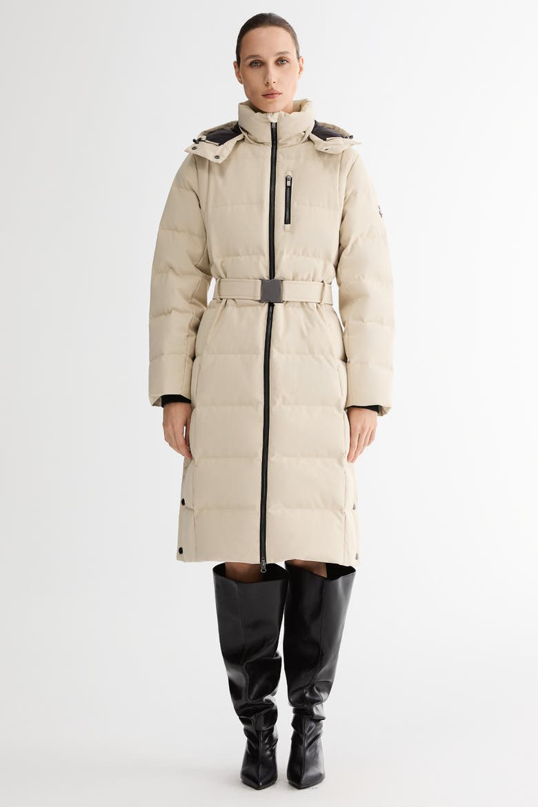 Celeste Long Hooded Belted Down Coat, Alternate, color, Beige