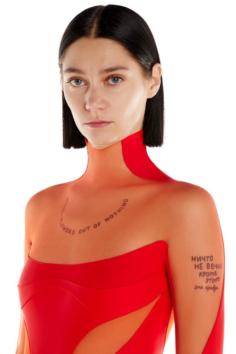 Illusion Off the Shoulder Bodysuit, Alternate, color, B3333 RED / RED