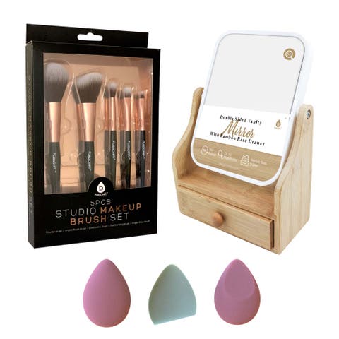 Beauty Essentials Set Studio Makeup Brush Set, Multi Shape Sponges, and Dual Sided Vanity Mirror with Base