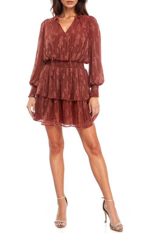 Socialite Smocked Tiered Ruffle Long Sleeve Minidress in Henna 