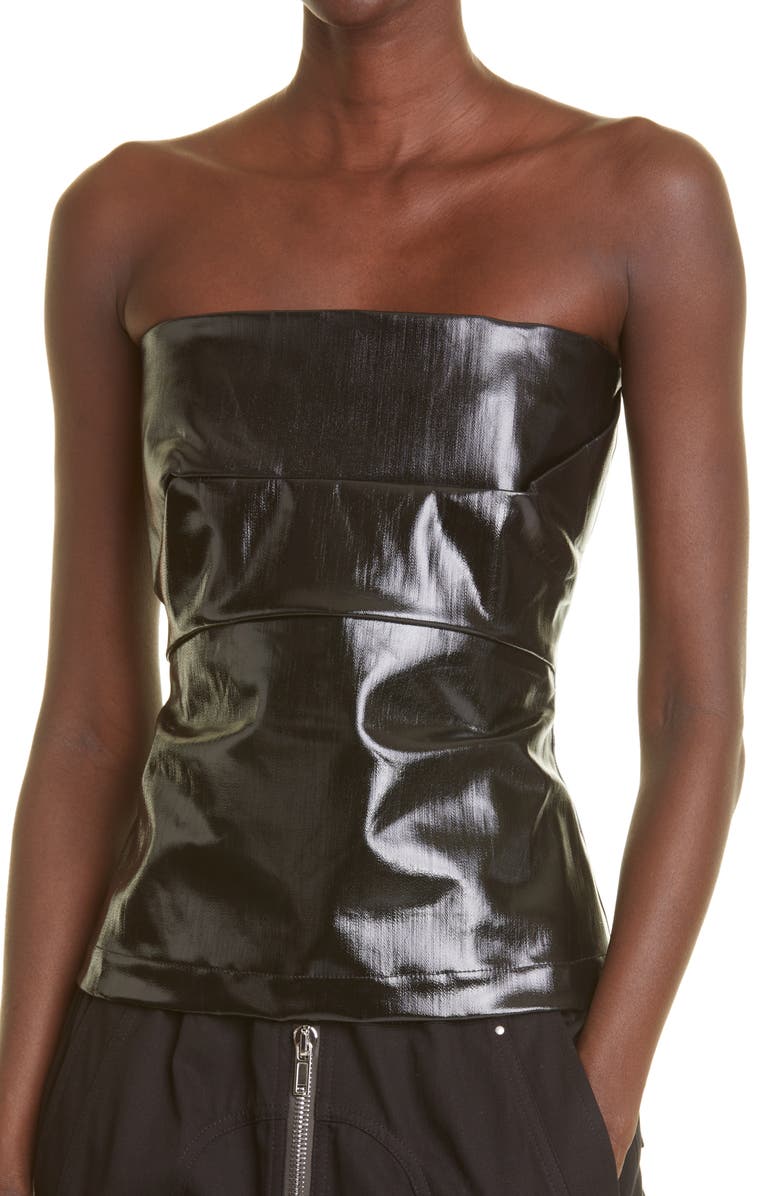 Rick Owens Lacquered Stretch Denim Strapless Bustier Top, Alternate, color, 