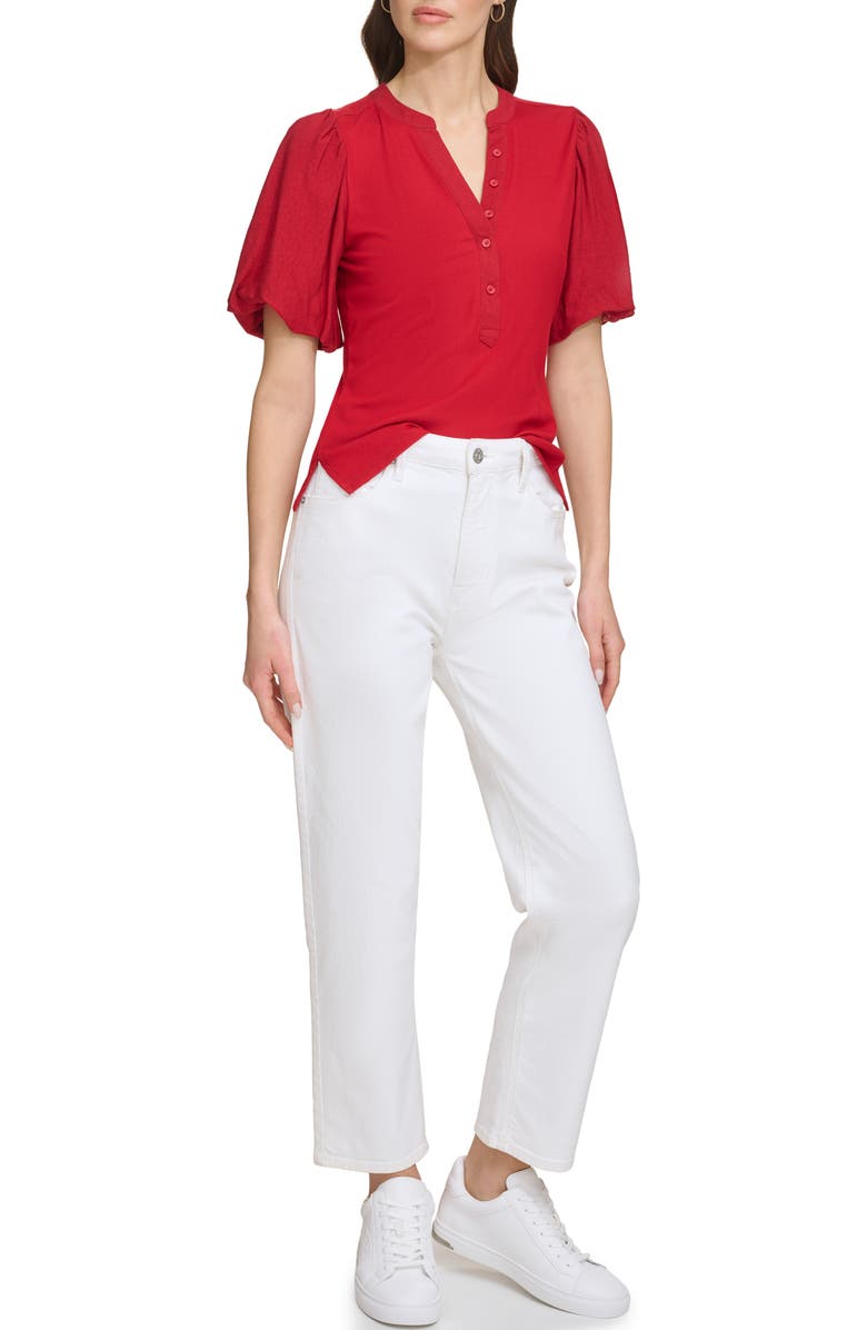DKNY Rib Crinkle Sleeve Henley Top, Alternate, color, Sangria