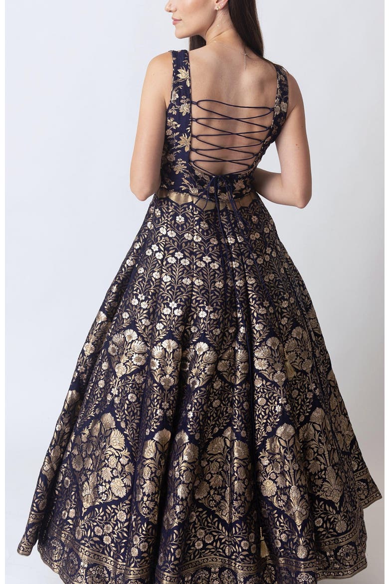 Alisha Brocade Plunge Neck Gown, Alternate, color, Navy