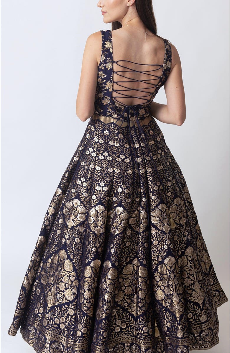 RAAS Alisha Brocade Plunge Neck Gown, Alternate, color, Navy