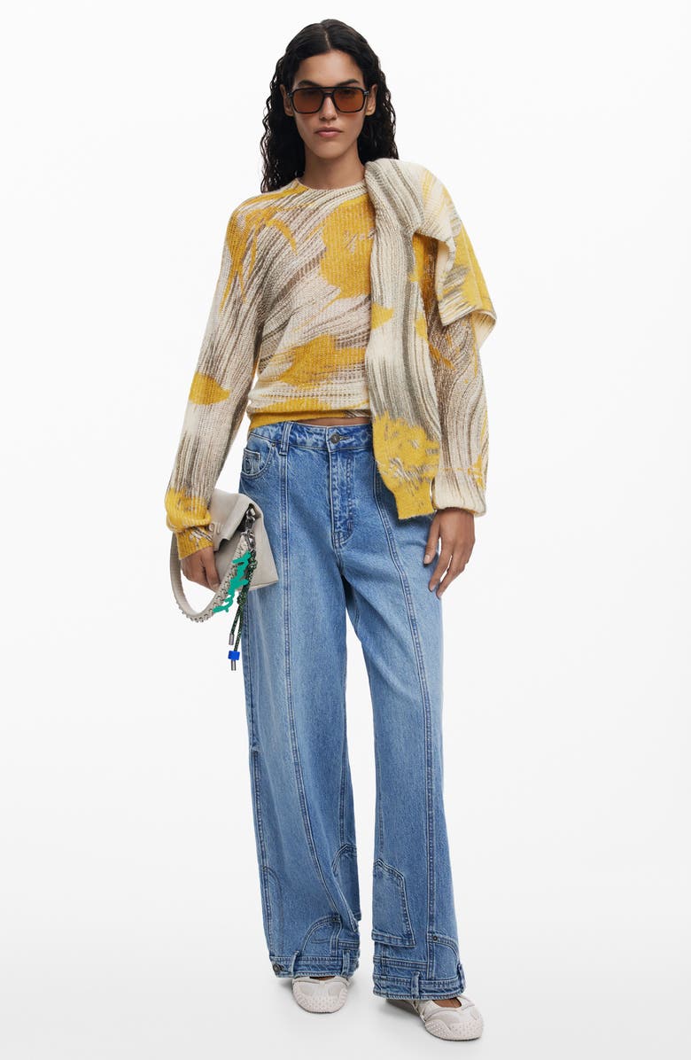 Desigual Abstract Print Crewneck Sweater, Alternate, color, Yellow