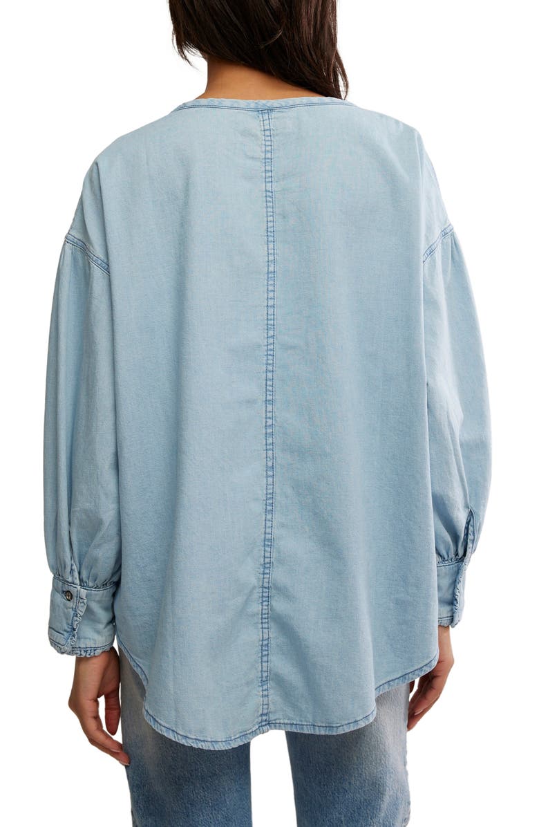 Free People Dreaming Ruffle Oversize Chambray Shirt, Alternate, color, So Soft Light Wash